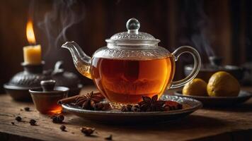 A cozy tea setup with a glass teapot, spices, and a candle, creating a warm atmosphere. photo