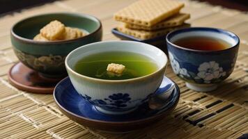 A serene tea setting featuring green tea, snacks, and a calming atmosphere. photo