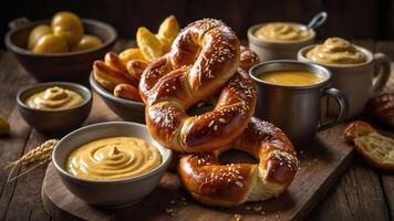 A rustic display of soft pretzels and dipping sauces on a wooden board. photo