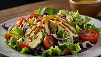 A fresh salad with lettuce, tomatoes, and a drizzle of dressing on a wooden table. photo