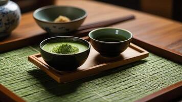A serene tea setting featuring matcha and tea in traditional bowls on a bamboo mat. photo