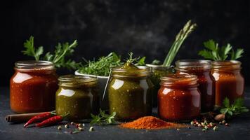 A collection of colorful jars filled with various sauces and spices on a dark background. photo