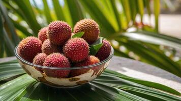 A bowl of fresh lychee fruits surrounded by tropical leaves. photo