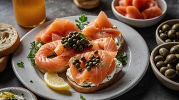 A plate of smoked salmon on bread with capers, lemon, and olives, ideal for a brunch setting. photo