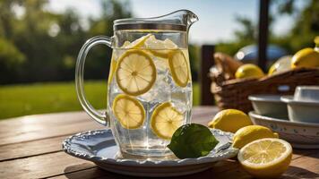 A refreshing pitcher of lemonade with lemon slices, ice, and fresh basil in a sunny outdoor setting. photo
