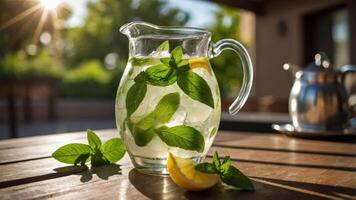 A refreshing pitcher of lemonade with mint and lemon slices on a wooden table. photo