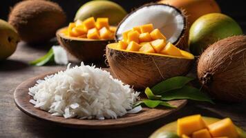 A vibrant display of tropical fruits and rice, showcasing a colorful and appetizing arrangement. photo