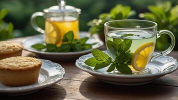 A refreshing tea setup with lemon, mint, and muffins in a serene outdoor setting. photo