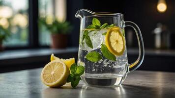A refreshing pitcher of lemon water with mint, perfect for hydration and summer enjoyment. photo