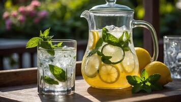 A refreshing pitcher of lemonade with mint and lemon slices, served with ice. photo