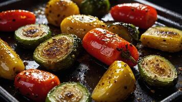 Roasted colorful vegetables on a tray, showcasing a delicious and healthy dish. photo