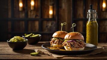 Two pulled pork sliders with pickles and a bottle of sauce on a rustic wooden table. photo