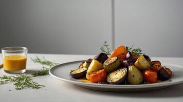 A colorful platter of roasted vegetables garnished with herbs and served with a sauce. photo