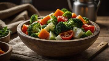 A vibrant salad featuring fresh vegetables in a wooden bowl, set on a rustic table. photo