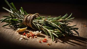 A bundle of fresh rosemary tied with twine, accompanied by garlic and spices on a wooden surface. photo