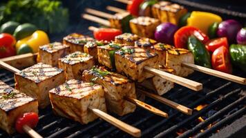 Grilled skewers with tofu and colorful vegetables on a barbecue grill. photo