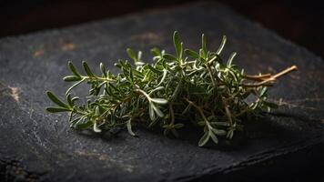 A sprig of fresh thyme resting on a dark surface, highlighting its culinary use. photo