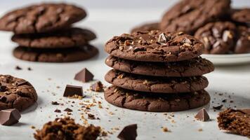 A stack of chocolate cookies surrounded by crumbs and chocolate pieces, inviting indulgence. photo