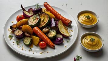 A colorful plate of roasted vegetables served with two bowls of sauce. photo