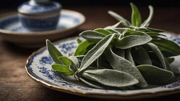 Fresh sage leaves arranged on a decorative plate, showcasing culinary herbs. photo