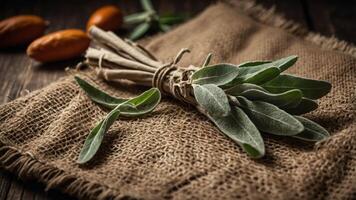 A bundle of fresh sage leaves on burlap fabric, with some nuts in the background. photo