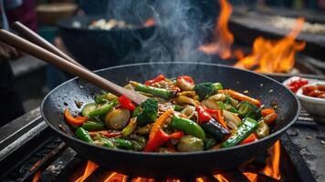 A vibrant stir-fry of colorful vegetables sizzling in a wok over an open flame. photo