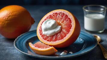 A halved grapefruit topped with cream, accompanied by a whole grapefruit and a glass of milk. photo