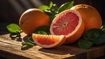 A vibrant display of oranges and grapefruit on a wooden surface, surrounded by green leaves. photo
