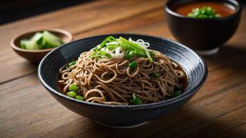 A bowl of soba noodles garnished with green onions, served with a side of broth and cucumber. photo