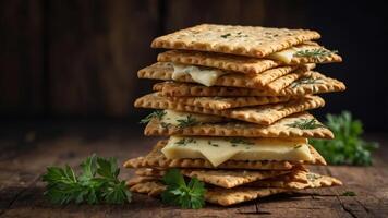 A stack of crispy crackers layered with cheese and garnished with herbs on a wooden surface. photo