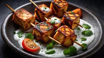 Grilled paneer skewers served on a creamy sauce with fresh herbs and tomatoes. photo
