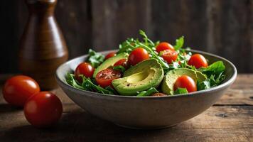 A fresh salad with avocado and cherry tomatoes in a rustic bowl on a wooden table. photo