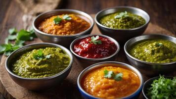 A colorful assortment of various chutneys served in small bowls, garnished with coriander. photo