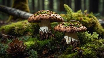 Two mushrooms surrounded by moss and pine cones in a forest setting. photo