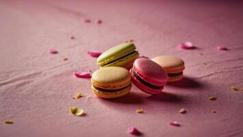A colorful arrangement of macarons on a soft pink surface, surrounded by flower petals. photo