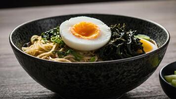 A bowl of ramen with a soft-boiled egg, seaweed, and green onions, served for a meal. photo