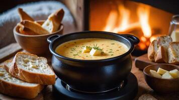 A cozy scene featuring a pot of cheese fondue, accompanied by bread and a warm fireplace. photo