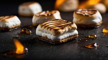 A close-up of toasted s'mores with melted marshmallows and caramel on a dark surface. photo