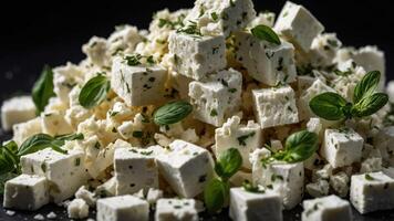 A close-up of crumbled feta cheese garnished with herbs, showcasing its texture and freshness. photo