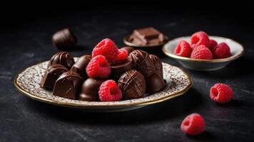 A plate of dark chocolate truffles and fresh raspberries, emphasizing indulgence and dessert. photo
