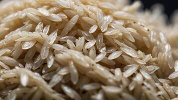 A close-up view of uncooked rice grains, showcasing their texture and shape. photo