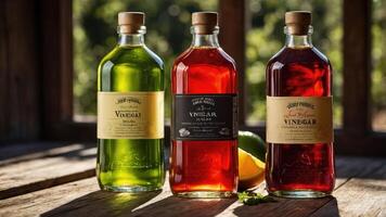 Three bottles of vinegar in various colors displayed on a wooden surface. photo