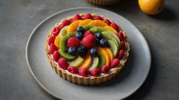 A colorful fruit tart topped with various berries and slices of kiwi and citrus. photo