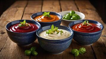 A variety of colorful sauces in bowls, garnished with herbs, on a rustic wooden table. photo