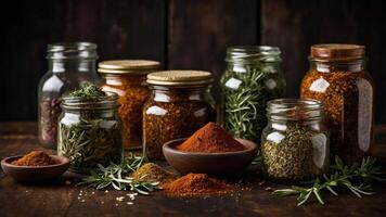 A collection of jars filled with various spices and herbs on a rustic wooden surface. photo