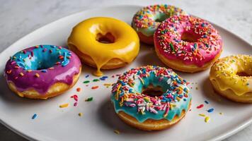 A plate of colorful donuts with various icing and sprinkles, appealing for dessert lovers. photo