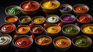 A vibrant array of colorful sauces in bowls, showcasing diverse culinary options. photo