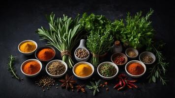 A vibrant display of various spices and herbs arranged artistically on a dark surface. photo