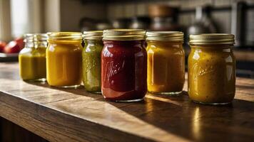 A row of colorful condiment jars on a wooden table in a kitchen setting. photo