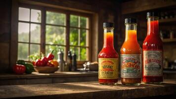 Three bottles of hot sauce displayed on a wooden table in a rustic kitchen setting. photo